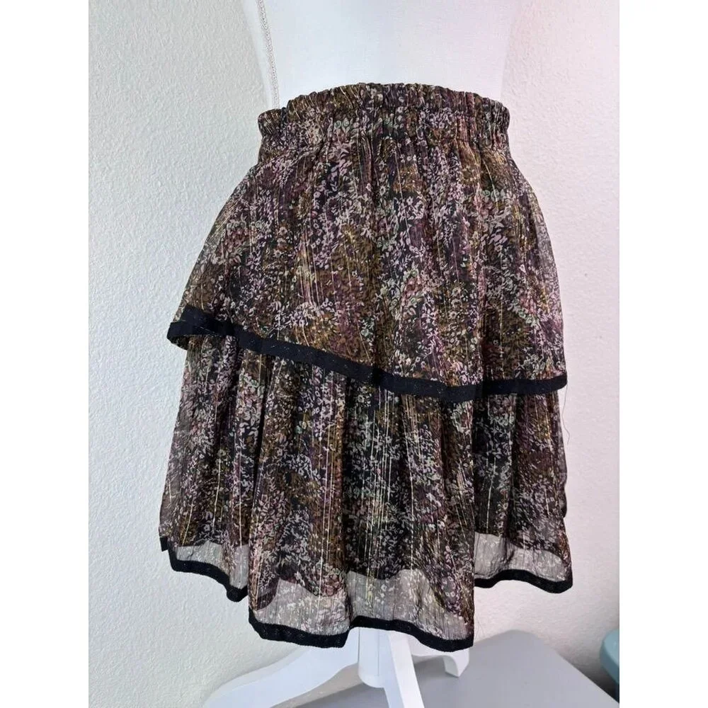 Allison‎ New York women's small brown patterned tiered mini skirt metallic NWT
